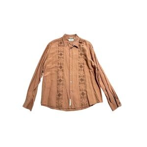 Cubavera Shirt Mens XL Brown Embroidered Long Sleeve Tropical Linen Blend Resort